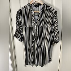 Cocomo Stripe Black tan White Stripe Stud Popover Shirt Roll Tab Sleeves 1X